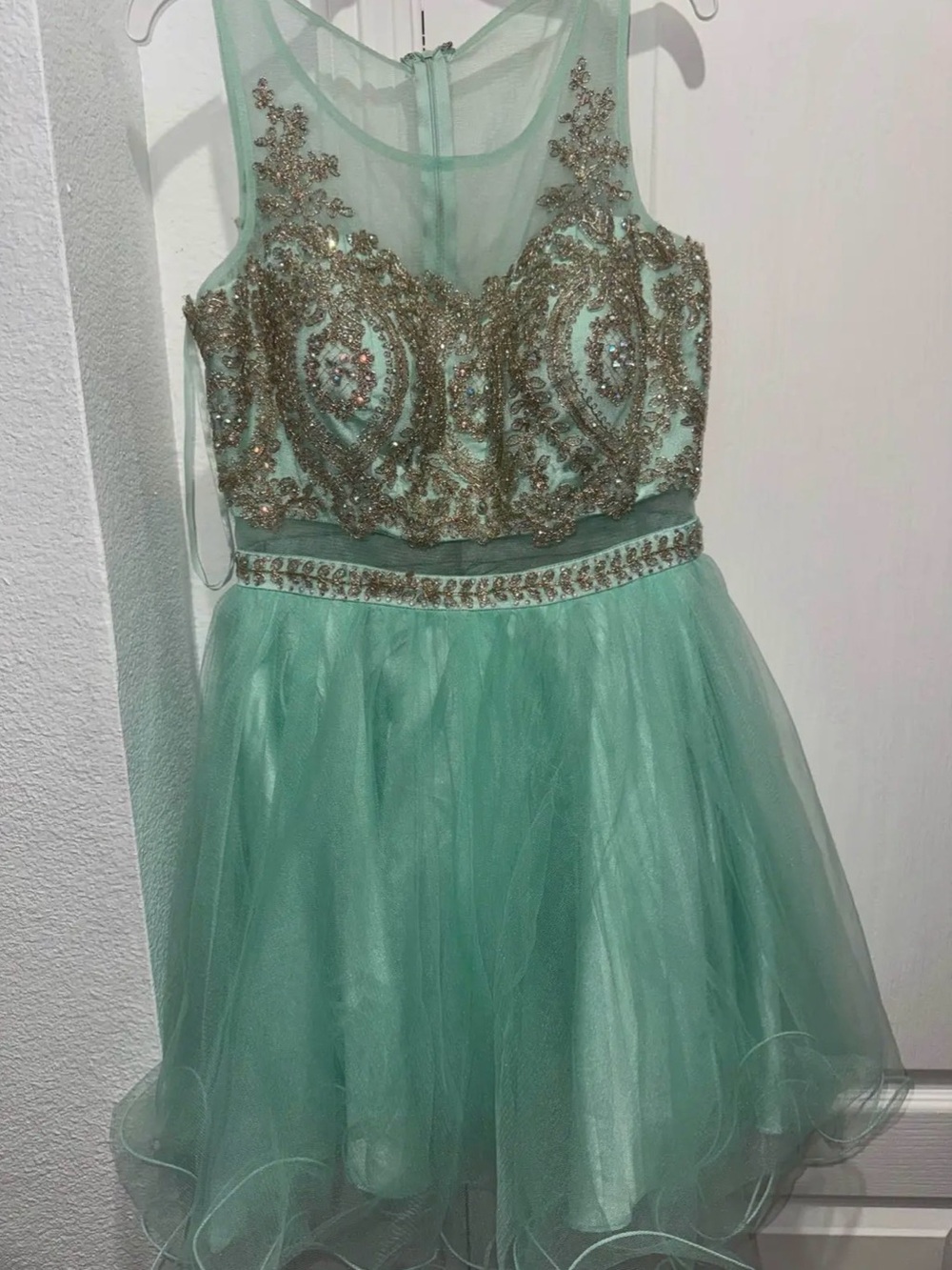 Dancing Queen Mint Green Tulle Dress with Gold Embellishment